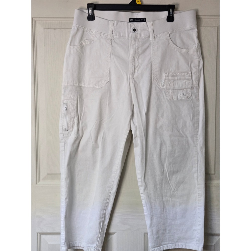 Lee Relaxed Fit White Cargo Pants Womens 14 Medium Stretch Cropped Capris